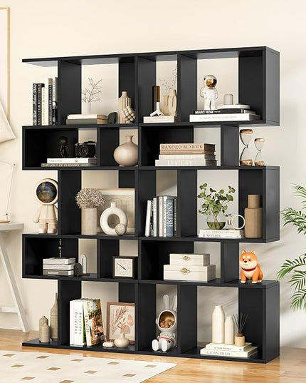 Giantex 5-Tier Geometric Bookshelf Black Set of 2, 70'' Tall Wood Freestanding Decorative Display Open Shelves with Anti-Tipping Device, Each Shelf Holds up to 44 lbs, Wooden S Shaped Bookcase - LeafyLoom