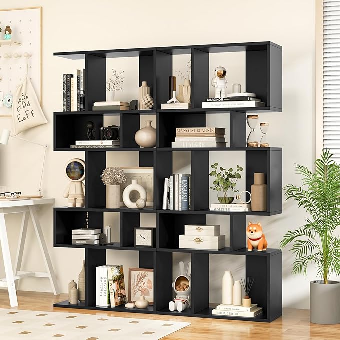 Giantex 5-Tier Geometric Bookshelf Black Set of 2, 70'' Tall Wood Freestanding Decorative Display Open Shelves with Anti-Tipping Device, Each Shelf Holds up to 44 lbs, Wooden S Shaped Bookcase - LeafyLoom