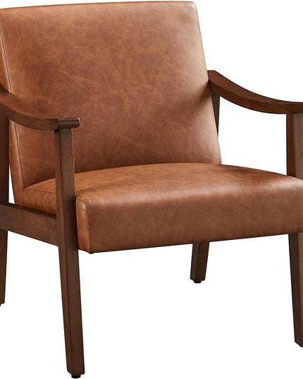 Yaheetech PU Leather Accent Chair, Mid-Century Modern Armchair with Solid Wood Legs, Reading Leisure Chair with High Back for Living Room Bedroom Waiting Room, Brown - LeafyLoom