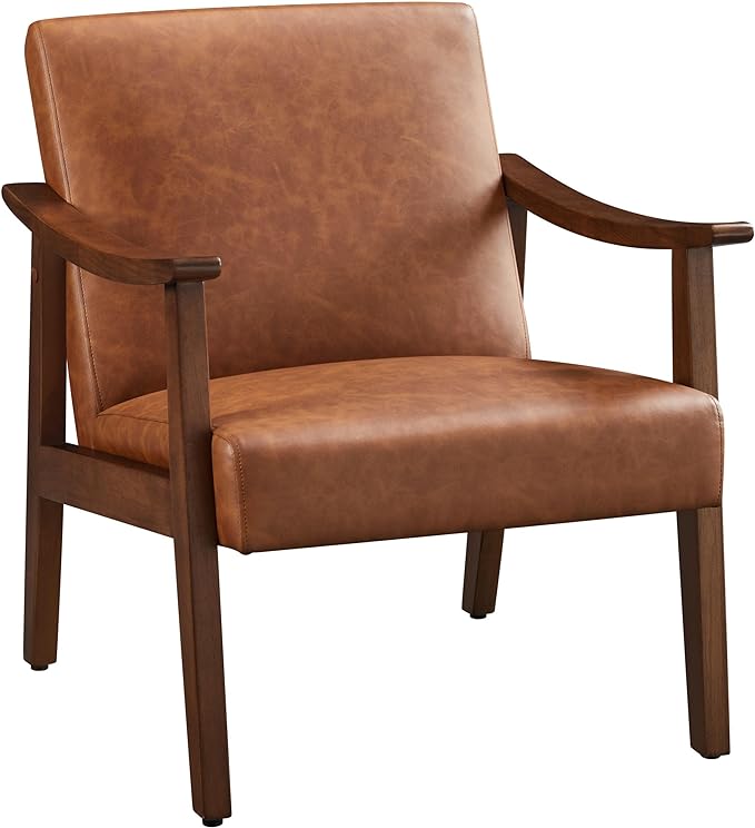 Yaheetech PU Leather Accent Chair, Mid-Century Modern Armchair with Solid Wood Legs, Reading Leisure Chair with High Back for Living Room Bedroom Waiting Room, Brown - LeafyLoom