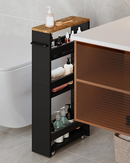MARTY Rolling Storage Cart 4-Tier Black Kitchen Cart on Wheels, Slim Storage Cart with Handle Slide Out Utility Cart Shelving Unit Organizer Trolley for Laundry Narrow Places Bathroom Small Corner - LeafyLoom