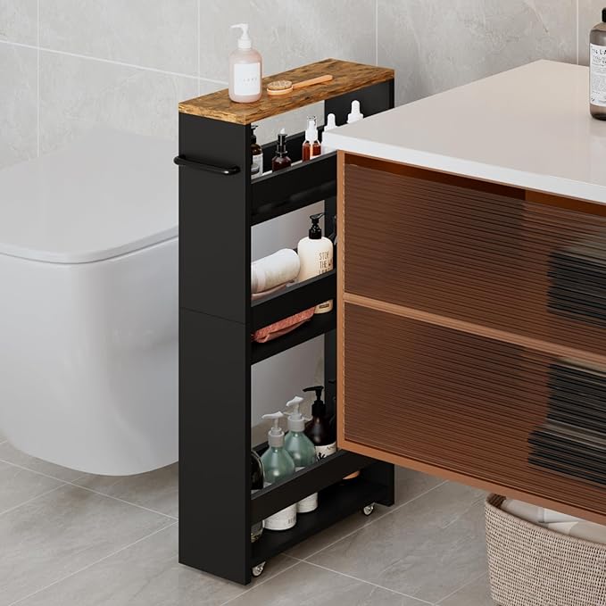 MARTY Rolling Storage Cart 4-Tier Black Kitchen Cart on Wheels, Slim Storage Cart with Handle Slide Out Utility Cart Shelving Unit Organizer Trolley for Laundry Narrow Places Bathroom Small Corner - LeafyLoom