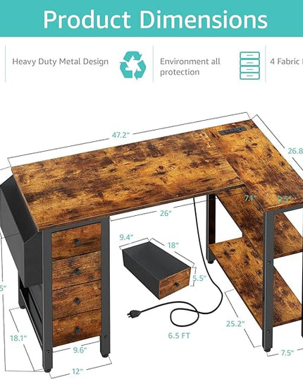 Lufeiya L Shaped Desk with Drawers & Storage Shelves, 47 Inch Corner Computer Desk with Power Outlet for Home Office Bedroom, L-Shaped Gaming PC Desks with Fabric Drawer, Rustic Brown - LeafyLoom