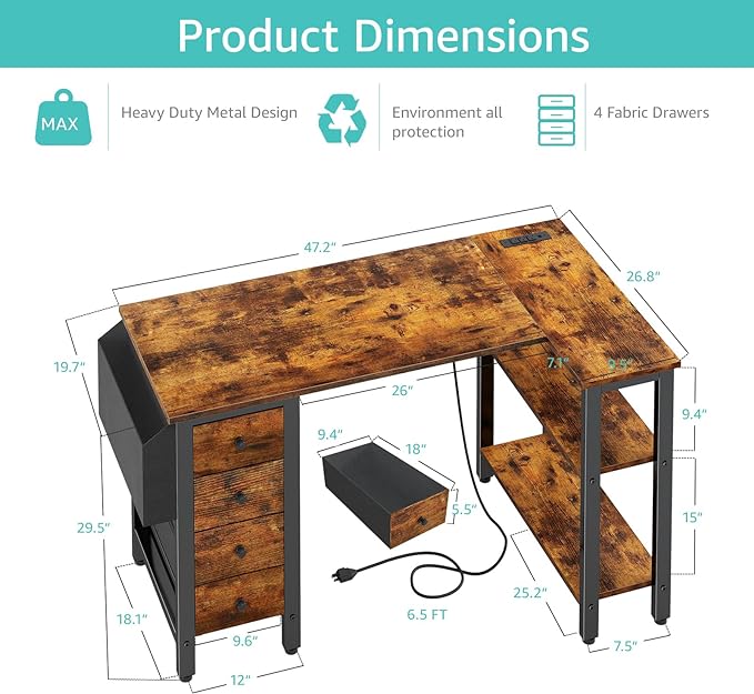 Lufeiya L Shaped Desk with Drawers & Storage Shelves, 47 Inch Corner Computer Desk with Power Outlet for Home Office Bedroom, L-Shaped Gaming PC Desks with Fabric Drawer, Rustic Brown - LeafyLoom