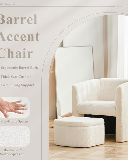 COLAMY Upholstered Sherpa Barrel Accent Chair with Storage Ottoman, Morden Living Room Side Chair, Armchair for Bedroom/Reading Spaces/Office, Craem - LeafyLoom