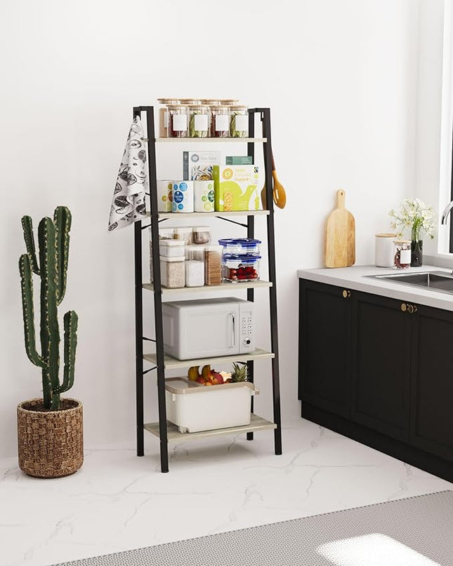 Ladder Shelf, Bookshelf Bookcase, Freestanding Corner Storage Shelve with 2 Hooks for Home Office, Living Room, Kitchen, Bedroom, Industrial, 5-Tier Greige BC19305B - LeafyLoom