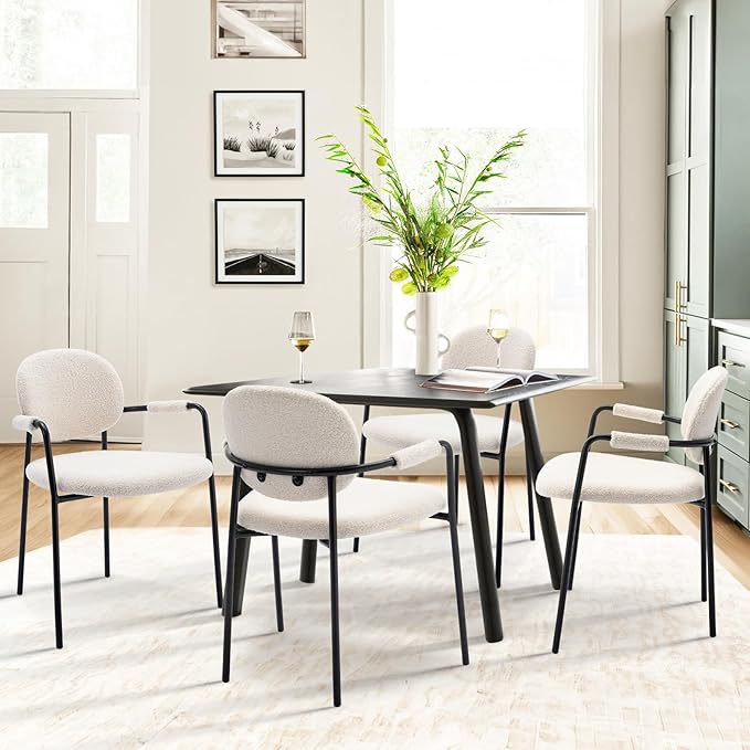 COLAMY Dining Chairs Set of 4, Boucle Dining Chairs with Arms, Comfy Small Sherpa Dining Armchairs with Back for Kitchen, Dining Room, Restaurant, Cream - LeafyLoom