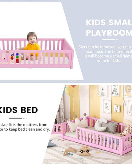 Multifunctional Twin Size Floor Bed with Safety Guardrails and Door, Removable Wood Slats, Montessori Beds Frame for Toddlers, for Boys and Girls, Pink - LeafyLoom