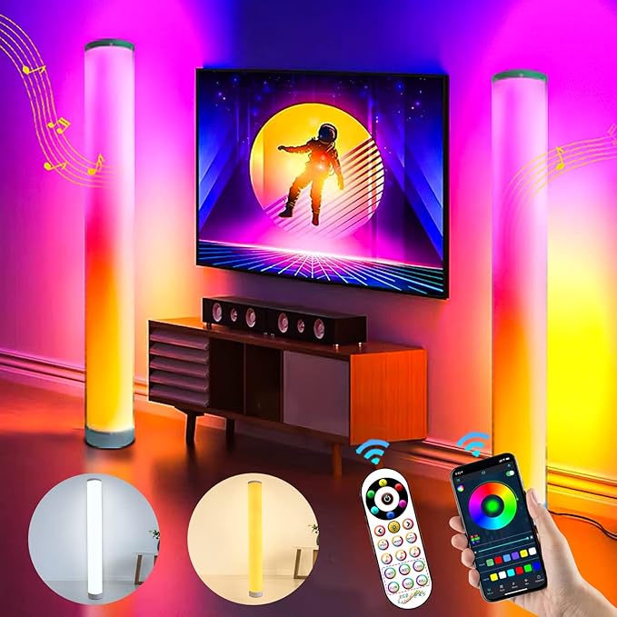 RGB Floor Lamp 2 Pack, Color Changing Corner Lamps Music Sync with Remote & Smart App Control, Modern LED Floor Lamps 1600 Million Dimmable, 200+ Scene Modes Standing Lamp for Bedroom/Living Room - LeafyLoom