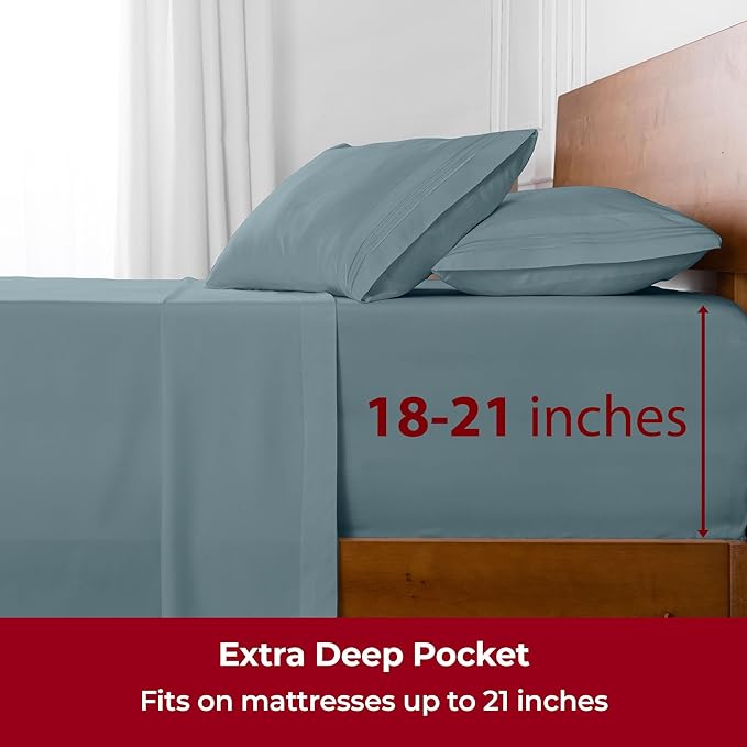 Mellanni Extra Deep King Sheets - 4 PC Iconic Collection Bedding Sheets & Pillowcases - Hotel Luxury, Ultra Soft, Cooling Bed Sheets - Extra Deep Pocket up to 21 inch (King, Spa Blue) - LeafyLoom