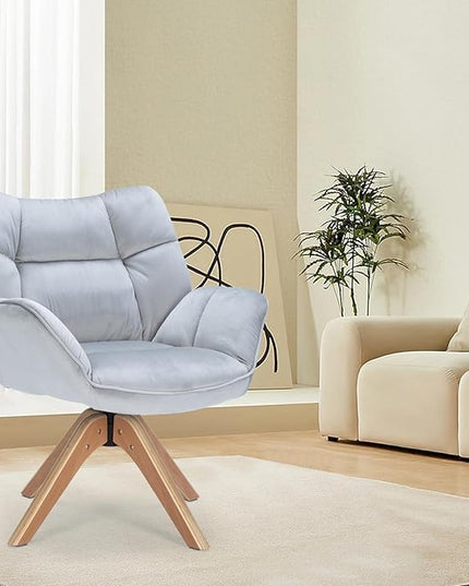 Fabric Accent Chair, Modern Cozy Vanity Chair with Wood Legs, Upholstered Single Boucle Armchair Single Sofa for Living Room Bedroom Office Guest Room Dining Room (Light Grey) - LeafyLoom
