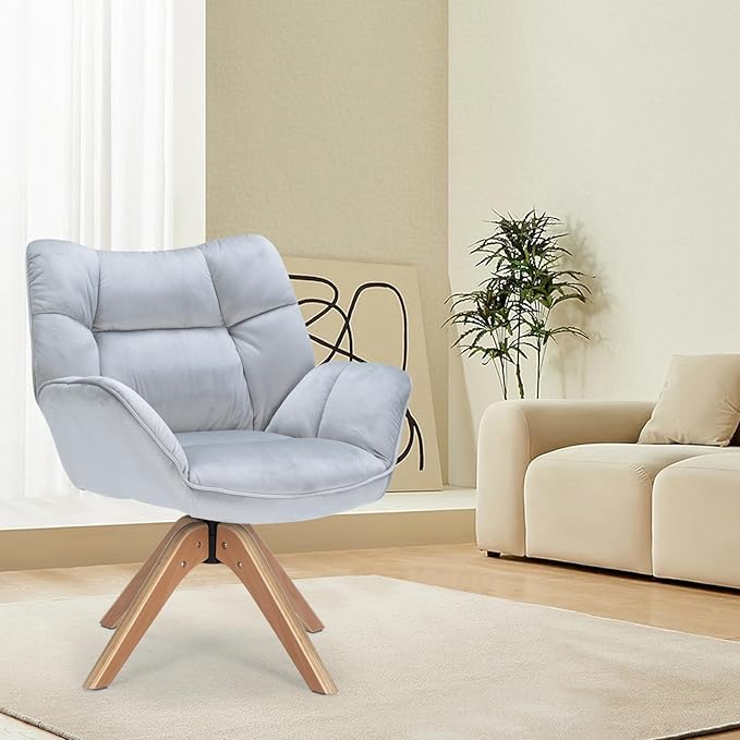 Fabric Accent Chair, Modern Cozy Vanity Chair with Wood Legs, Upholstered Single Boucle Armchair Single Sofa for Living Room Bedroom Office Guest Room Dining Room (Light Grey) - LeafyLoom