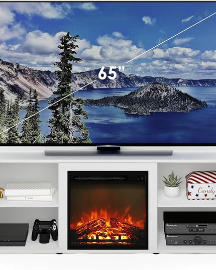 Furinno Classic 70 Inch TV Stand with Fireplace, Solid White - LeafyLoom