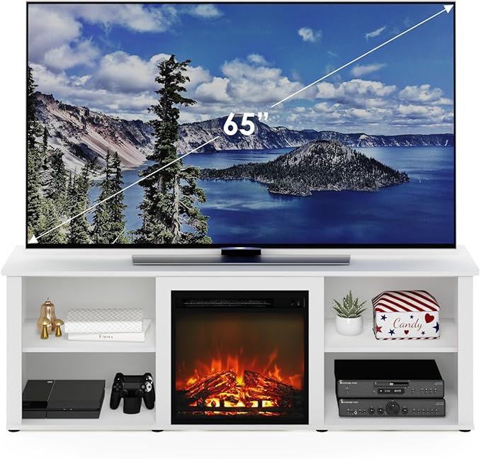 Furinno Classic 70 Inch TV Stand with Fireplace, Solid White - LeafyLoom