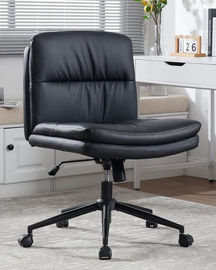 Armless Office Chair with Wheels Wide Desk Chair Leather Mid Back Accent Chair Padded Swivel Vanity Chair for Girl Women Computer Task Chair for Home Office (Leather, Black) - LeafyLoom