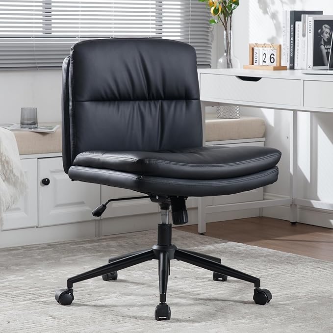 Armless Office Chair with Wheels Wide Desk Chair Leather Mid Back Accent Chair Padded Swivel Vanity Chair for Girl Women Computer Task Chair for Home Office (Leather, Black) - LeafyLoom