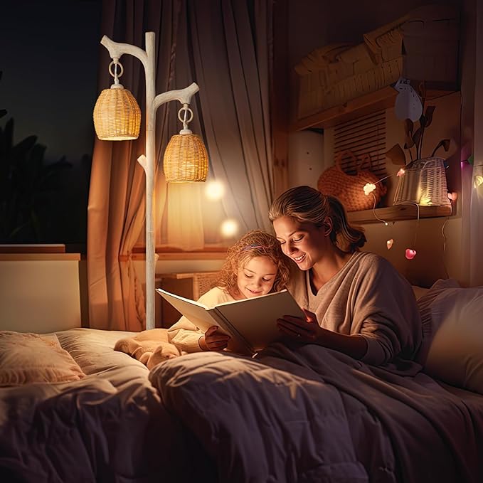 68" High Farmhouse Rustic Country Cottage Floor Lamp Tree Trunk Faux Wood Column White Washed Wicker Drum Shade Decor for Living Room Bedroom Reading Room - LeafyLoom