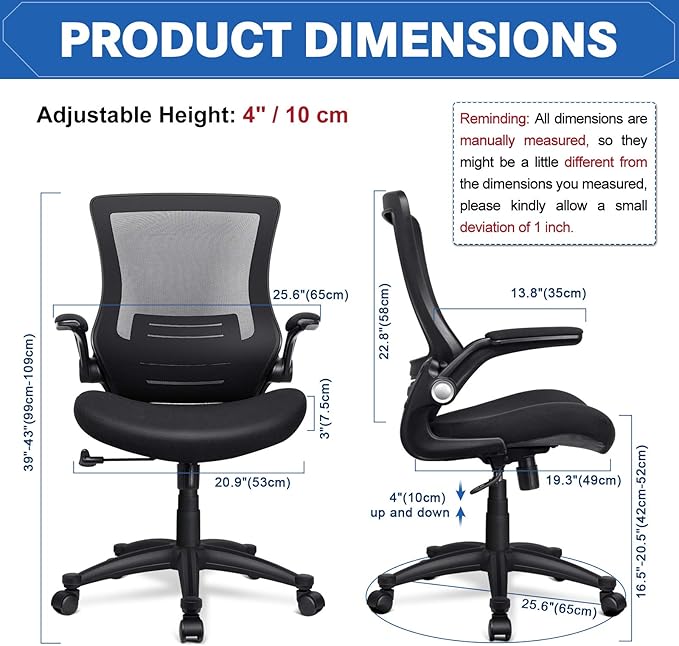 Ergonomic Mesh Office Chair Mid Back Swivel Desk Chair Black Computer Chair with Flip-Up Armrests Lumbar Support Adjustable Height Task Chairs - LeafyLoom