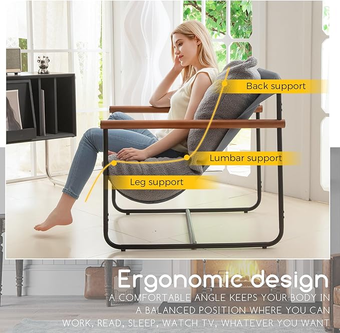 HIGOGOGO Modern Accent Chair, Living Room Chair with Wood Armrests, Shredded Foam Cushion, and Sturdy Metal Frame Reading Chair, Dark Grey - LeafyLoom