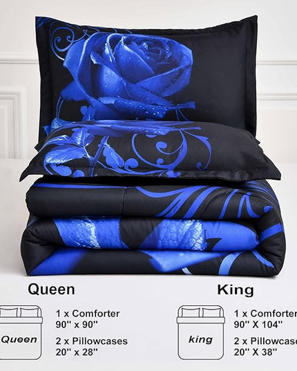 WONGS BEDDING Blue Comforter Set Queen Reversible Blue Rose Pattern Printed Bedding Comforter Set with 2 Pillowcases for All Seasons, Soft Microfiber Filling Bedding Set 90"x90" - LeafyLoom