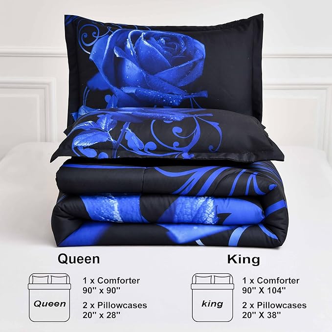 WONGS BEDDING Blue Comforter Set Queen Reversible Blue Rose Pattern Printed Bedding Comforter Set with 2 Pillowcases for All Seasons, Soft Microfiber Filling Bedding Set 90"x90" - LeafyLoom