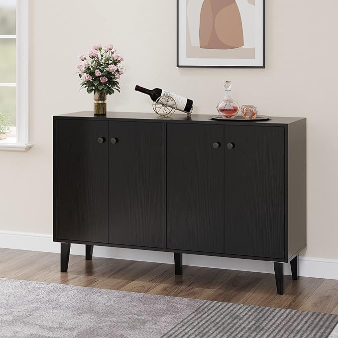 Panana Sideboard Buffet Cabinet Kitchen Storage Cabinet Living Room 4 Doors Console Table (Black) - LeafyLoom