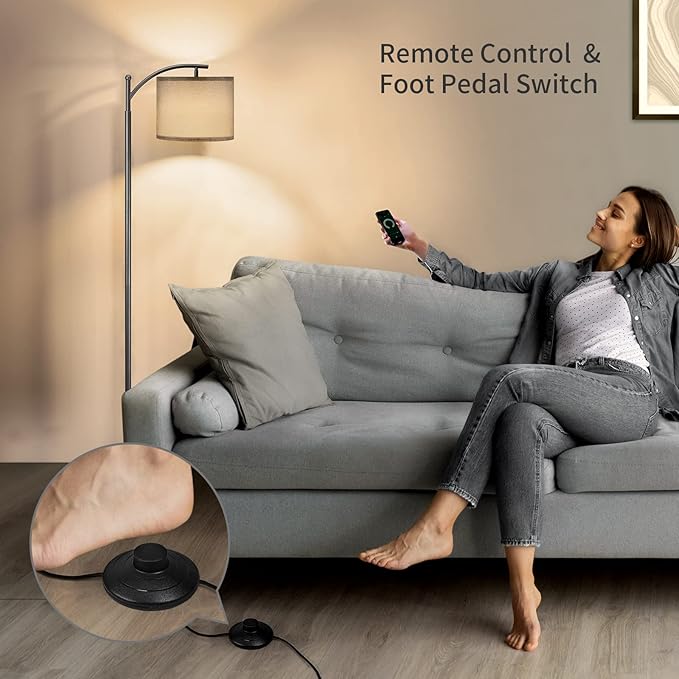SUNMORY Dimmable Floor Lamp with Remote Control, Lamp for Living Room Stepless Color Temperature and Brightness, Standing Lamp for Bedroom and Office with 1H Timer, Gray Floor Lamp with Gray Shade - LeafyLoom