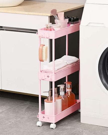TOOLF Slim Rolling Storage Cart, 3 Tier Utility Cart on Wheels with Hooks, Bathroom Rolling Cart Organizer, Thin Mobile Shelving Unit for Laundry Kitchen Dorm for Nursery Diaper Craft Snack, Pink - LeafyLoom