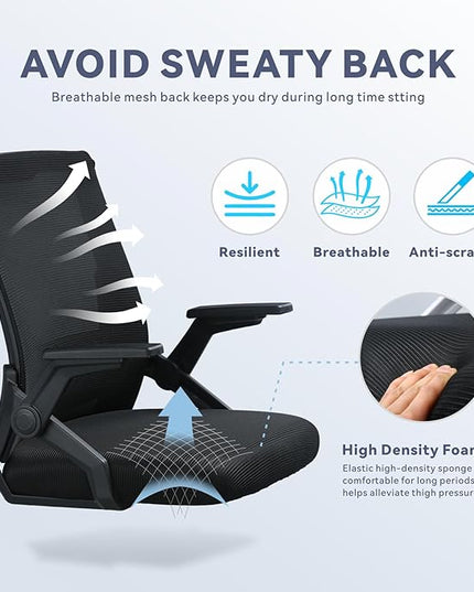 COMHOMA Office Chair with Flip-up Armrests Ergonomic Computer Desk Chair Foldable Mesh Task Chair with Wheels Adaptive Lumbar Support Swivel Tilt Comfortable Study Chair for Student, Black - LeafyLoom