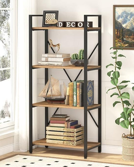 BON AUGURE Industrial 4 Tier Bookshelf, Modern Open Shelving Unit Book Shelves, Heavy Duty Etagere Bookcase, Wood Metal 4 Shelf Book Case for Office, Living Room and Bedroom (Vintage Oak) - LeafyLoom