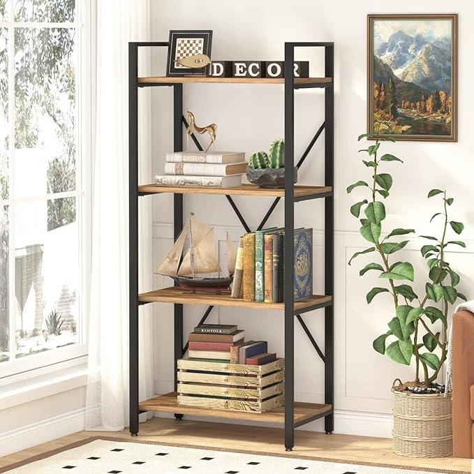 BON AUGURE Industrial 4 Tier Bookshelf, Modern Open Shelving Unit Book Shelves, Heavy Duty Etagere Bookcase, Wood Metal 4 Shelf Book Case for Office, Living Room and Bedroom (Vintage Oak) - LeafyLoom
