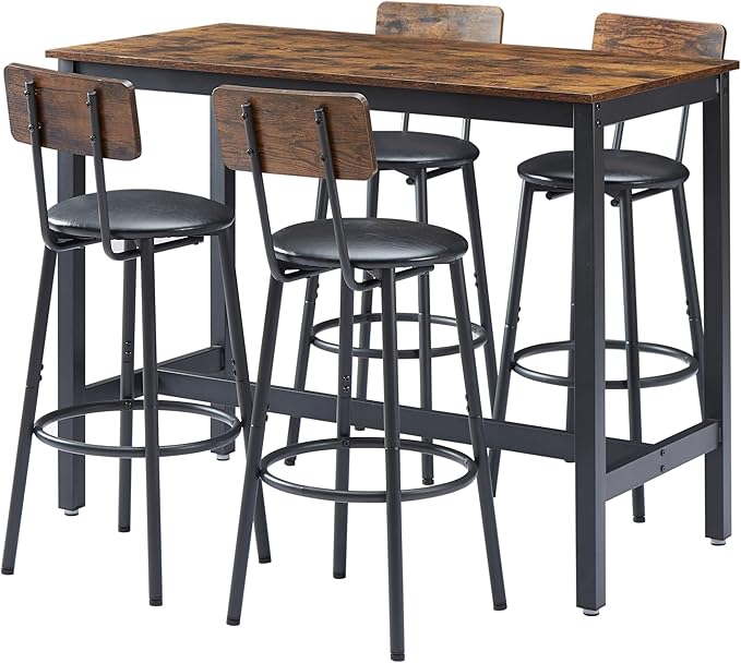 NicBex Dining Room Table Set for 4 Corner Dining Table Set Bar Table Set with 4 Bar Stools PU Soft Seat with Backrest Set for Kitchen, Dining Room, Dinette, Thicken Steel Frame, Rustic Brown - LeafyLoom