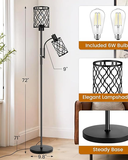 72" Farmhouse Floor Lamps for Living room, Black Floor Lamps with Adjustable Reading Lamp, 2-Light Tall Standing Lamps with 2 Edison Bulbs, Industrial Floor Lamps for Bedroom, Office, 6W, Black - LeafyLoom
