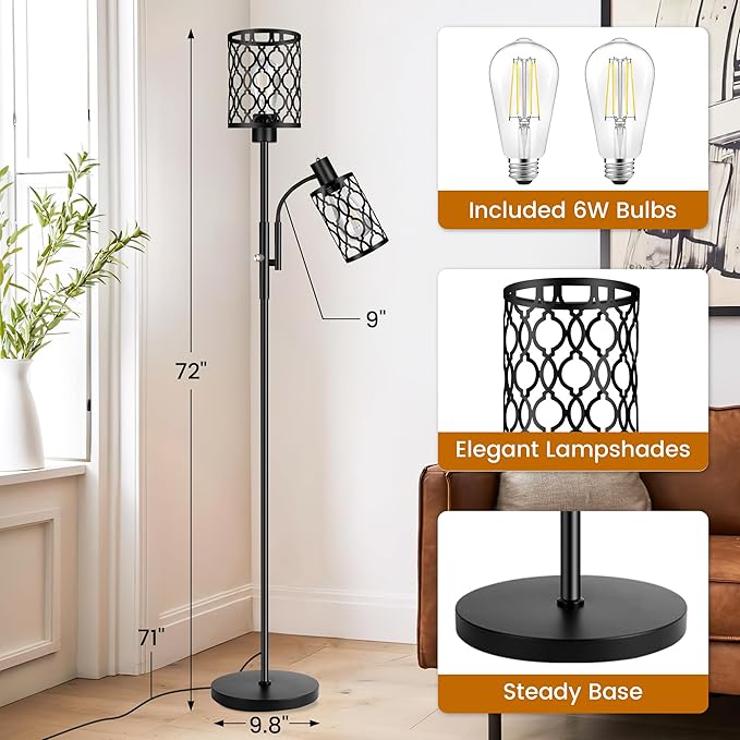 72" Farmhouse Floor Lamps for Living room, Black Floor Lamps with Adjustable Reading Lamp, 2-Light Tall Standing Lamps with 2 Edison Bulbs, Industrial Floor Lamps for Bedroom, Office, 6W, Black - LeafyLoom