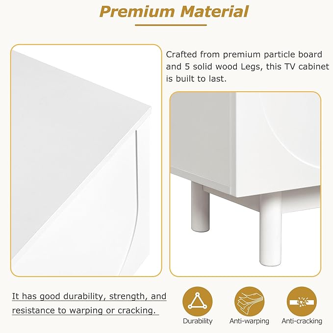 Merax Graceful TV Stand with Arch Cabinets for Televisions Up to 78'', Minimalist Entertainment Center with Solid Wood Legs and Adjustable Shelves, Practical Media Console for Living Room, White - LeafyLoom