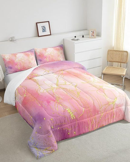 Pink Marble Comforter Set Twin for Girls, Gold Giltter Bronzing Bedding Marble Decor Tie Dye Marbling Bedding Comforter Sets for Kids Teens Women, Tie Dye Fluid Abstract Quilt with 1 Pillowcase - LeafyLoom