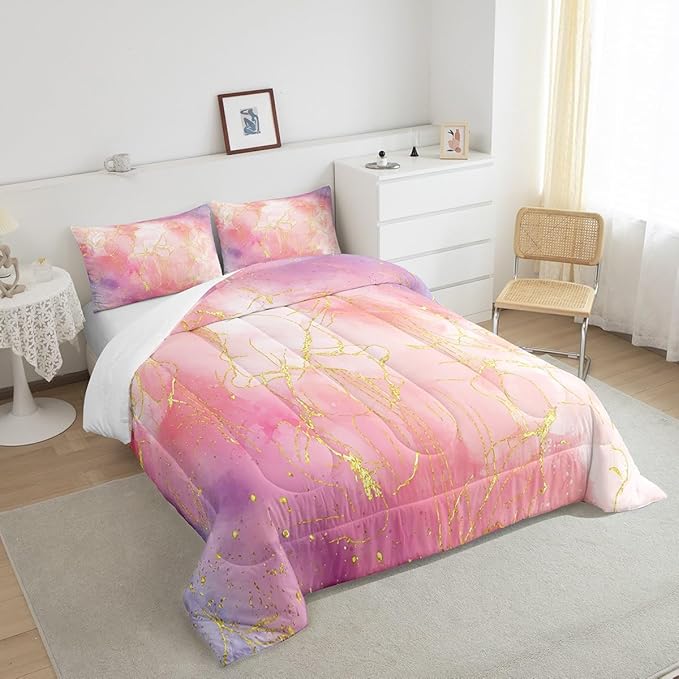 Pink Marble Comforter Set Twin for Girls, Gold Giltter Bronzing Bedding Marble Decor Tie Dye Marbling Bedding Comforter Sets for Kids Teens Women, Tie Dye Fluid Abstract Quilt with 1 Pillowcase - LeafyLoom