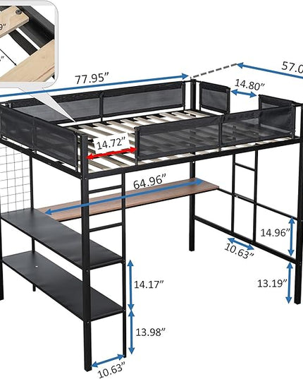 Metal Full Size Loft Bed with Desk & Shelves,Sturdy-Metal Bed-Frame,Noise-free Wood Slats,Comfortable Textilene Guardrail,Built-in Desk, 2-tier-Shelves & Grid Panel,2 Side Ladders,Black - LeafyLoom