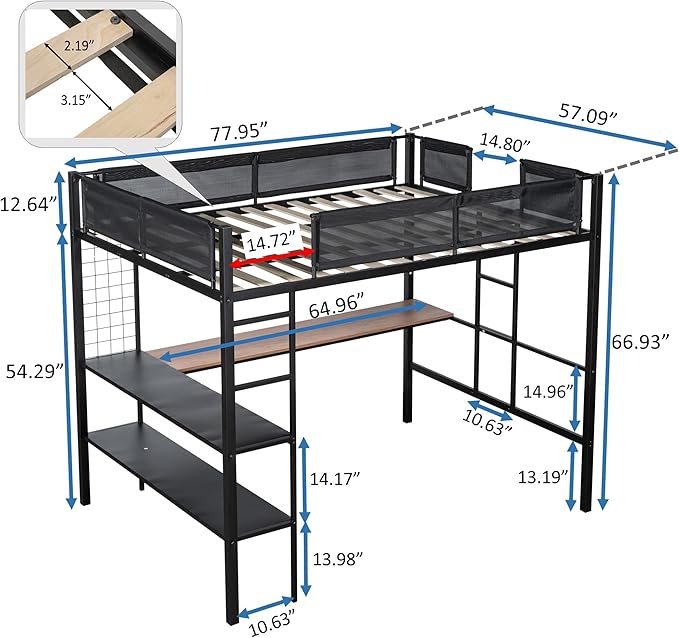Metal Full Size Loft Bed with Desk & Shelves,Sturdy-Metal Bed-Frame,Noise-free Wood Slats,Comfortable Textilene Guardrail,Built-in Desk, 2-tier-Shelves & Grid Panel,2 Side Ladders,Black - LeafyLoom