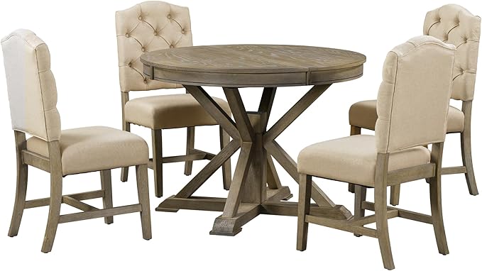 RITSU 5-Piece Retro Style Dinette Sets with Round Extendable Kitchen Dining Table, 4 Upholstered Chairs, for Diningroom Living Room, Easy to Assemble, Natural Wood Wash 2 - LeafyLoom