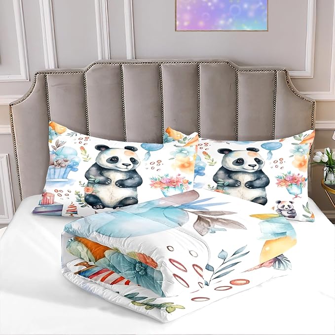 Panda Comforter Set Full Size - Panda Bedding for Boys Girls Cute Panda Set Cartoon Pandas Print Comfort Full Bedding Set for Kids Teens, 1 Comforter+2 Pillowcases - LeafyLoom