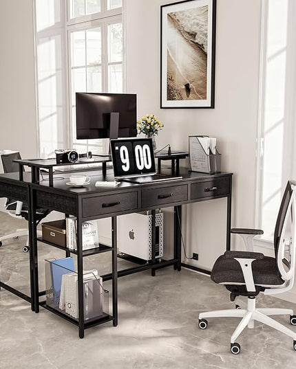 Computer Desk with Drawers and Storage Shelves, Home Office Desk with LED Lights & Power Outlets, Gaming Desk with Monitor Stand, Writing Study Desk, Kids Small Desk for Bedroom, Black - LeafyLoom