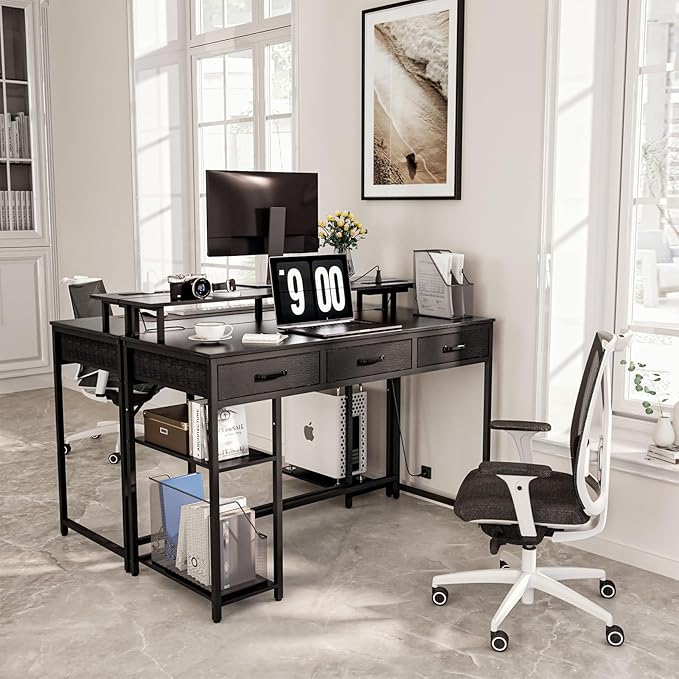 Computer Desk with Drawers and Storage Shelves, Home Office Desk with LED Lights & Power Outlets, Gaming Desk with Monitor Stand, Writing Study Desk, Kids Small Desk for Bedroom, Black - LeafyLoom