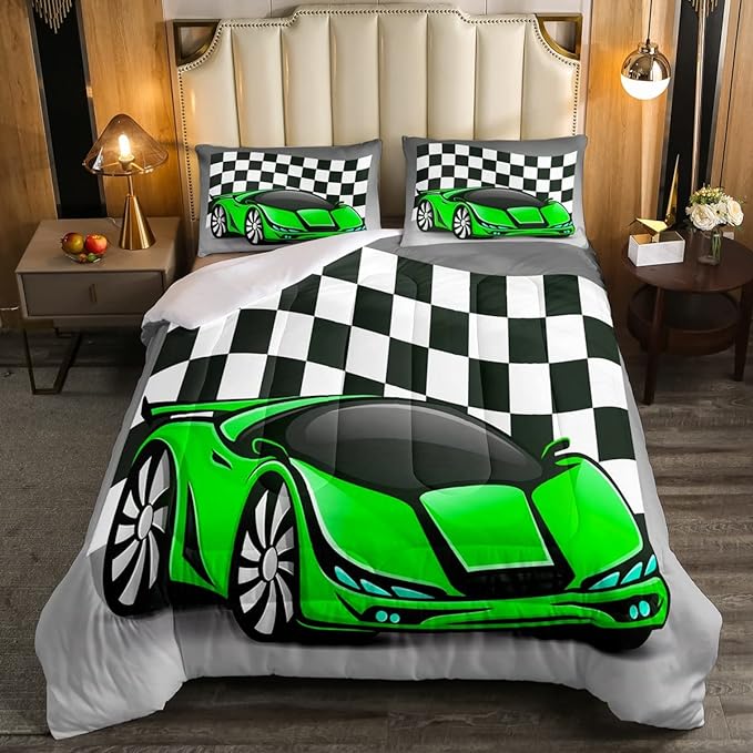 Racing Car Comforter Set, Cool Speed Race Car Down Comforter Queen for Kids Boys Girls Teens Bedroom, Automobile Extreme Sport Bedding Set Plaid Checkered Duvet Sets with 2 Pillowcases, Grey Green - LeafyLoom