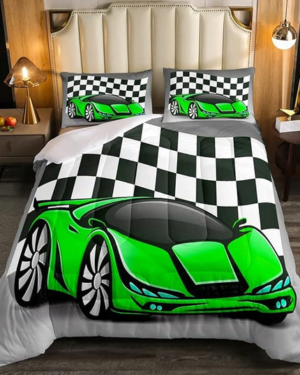 Erosebridal Kid Comforter Set King Size, Racing Car Bedding Set for Boys Girls Teen Kids Children Car Racing Gifts, Race Cars Quilt with 1 Comforter 2 Pillowcases,Green Grey Race Car Decor for Room - LeafyLoom
