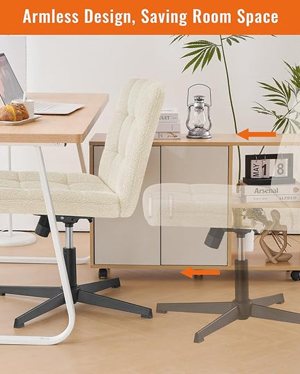 Furniliving Home Office Desk Chair No Wheels, Criss Cross Legged Wide Chair Armless Height Adjustable Chair with Mid Back Swivel Accent Vanity Chairs, Sherpa-IvoryWhite - LeafyLoom