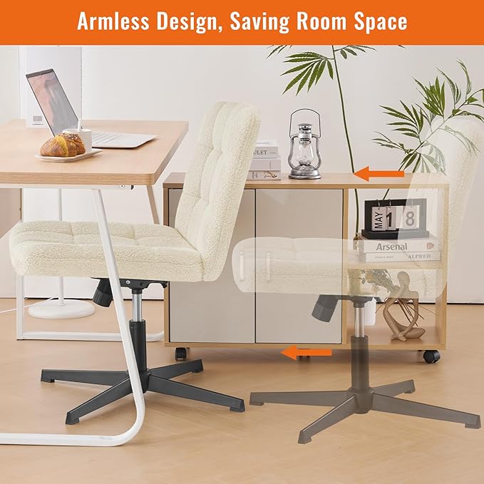 Furniliving Home Office Desk Chair No Wheels, Criss Cross Legged Wide Chair Armless Height Adjustable Chair with Mid Back Swivel Accent Vanity Chairs, Sherpa-IvoryWhite - LeafyLoom