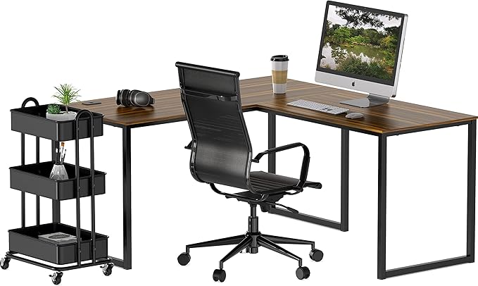SHW Home Office 55-Inch Large L Shaped Corner Desk, 24" Deep, Walnut - LeafyLoom