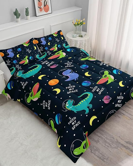 Datura home Dinosaur Space Dinos Comforter Bedding Set for Boys Kids Children,Celestial Bodies Colorful Dinosaur Print Bedding Set with 1 Comforter and 2 Pillowcases(Dinosaur Twin) - LeafyLoom