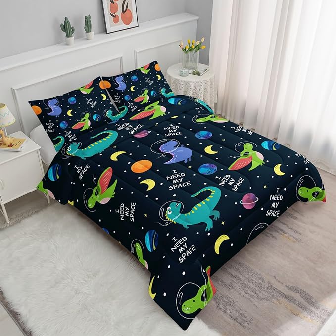 Datura home Dinosaur Space Dinos Comforter Bedding Set for Boys Kids Children,Celestial Bodies Colorful Dinosaur Print Bedding Set with 1 Comforter and 2 Pillowcases(Dinosaur Queen) - LeafyLoom